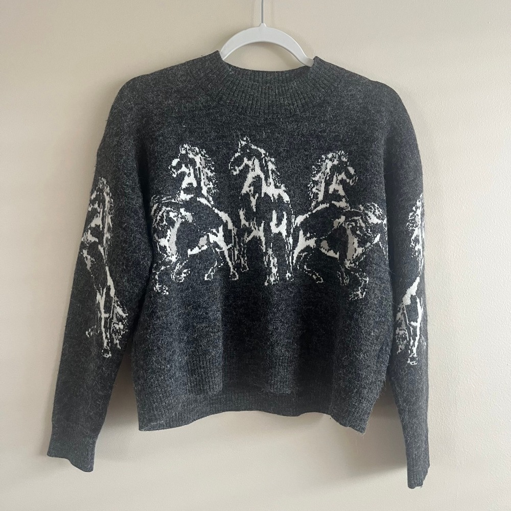 Minkpink Running Wild Horse Intarsia Knit Sweater Size M Charcoal Grey Western